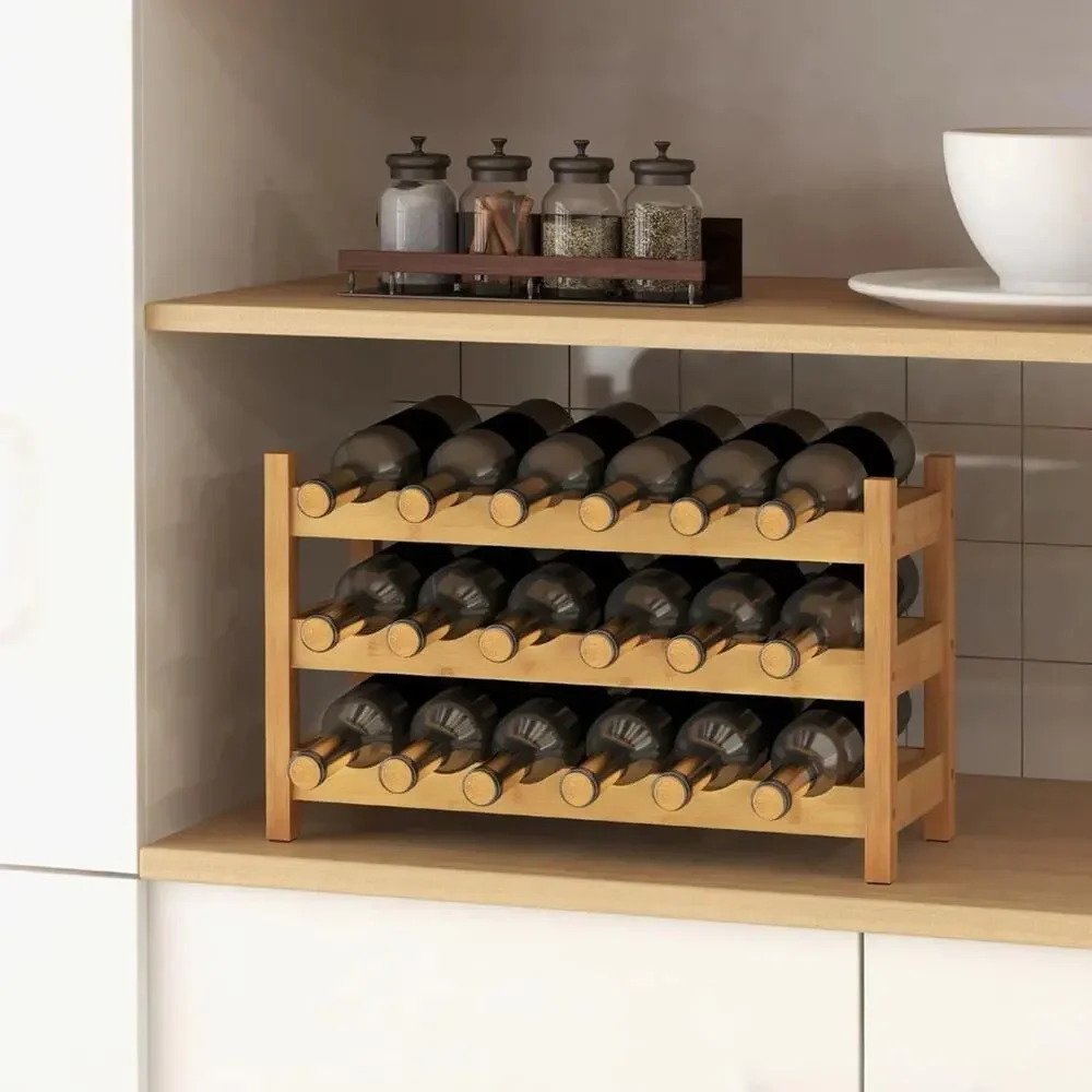 Giantex Bamboo Wine Rack 3 Tier 18 Bottle Freestanding Wine Storage Shelf